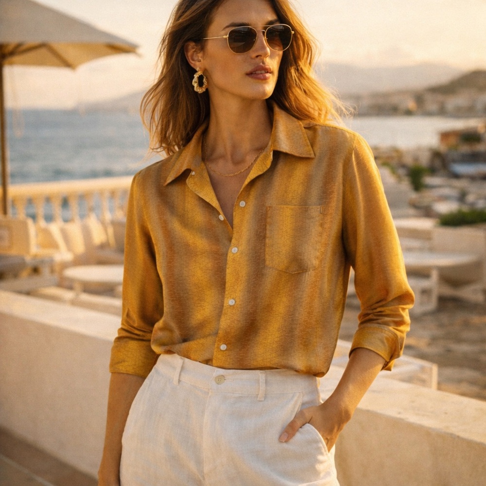 Vintage Golden Jacquard Button Down Shirt Textured Satin Lounge Retro 70s Vibe M